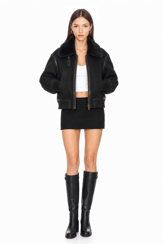 Sunzel Womens Cropped Bomber Jacket Faux Fur Collar Zip Up Winter Coat, Black Short Outerwear with Faux Leather Trim and Pockets