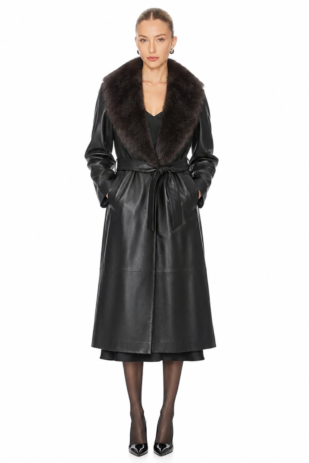 Sunzel Women Black Faux Leather Coat Faux Fur Collar Belted Longline Winter Overcoat with Pockets