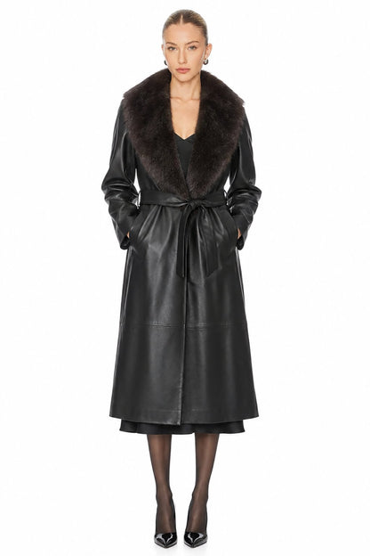 Sunzel Women Black Faux Leather Coat Faux Fur Collar Belted Longline Winter Overcoat with Pockets
