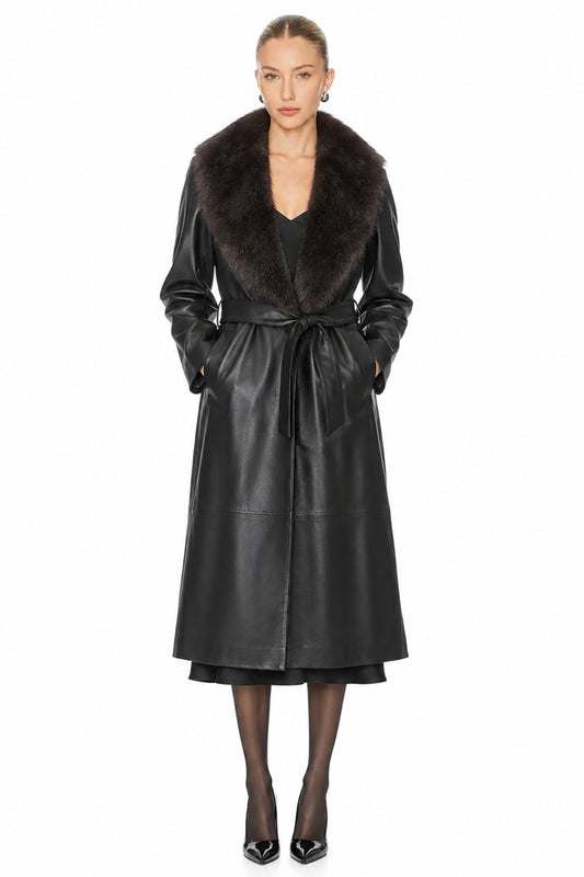 Sunzel Women Black Faux Leather Coat Faux Fur Collar Belted Longline Winter Overcoat with Pockets