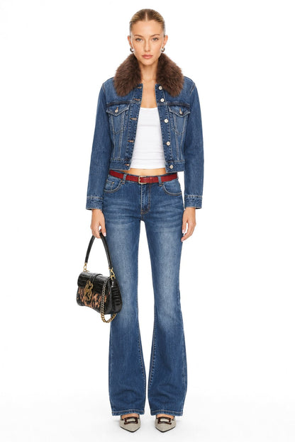Sunzel Womens Cropped Denim Jacket Faux Fur Collar Button Down Short Jean Coat, Fall Winter Casual Outerwear with Flap Chest Pockets