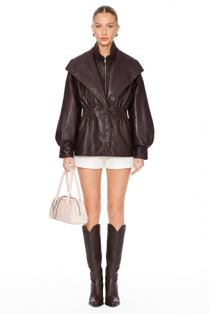 Sunzel Womens Faux Leather Jacket Brown PU Moto Jacket Cinched Waist, Zip Up Oversized Lapel Long Sleeve Fall Streetwear Short Coat