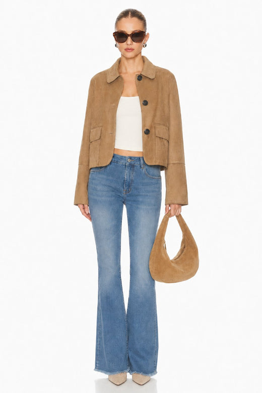 Sunzel Womens Faux Suede Jacket Cropped Button Front Fall Coat, Camel Lapel Short Dressy Casual Outerwear with Flap Pockets