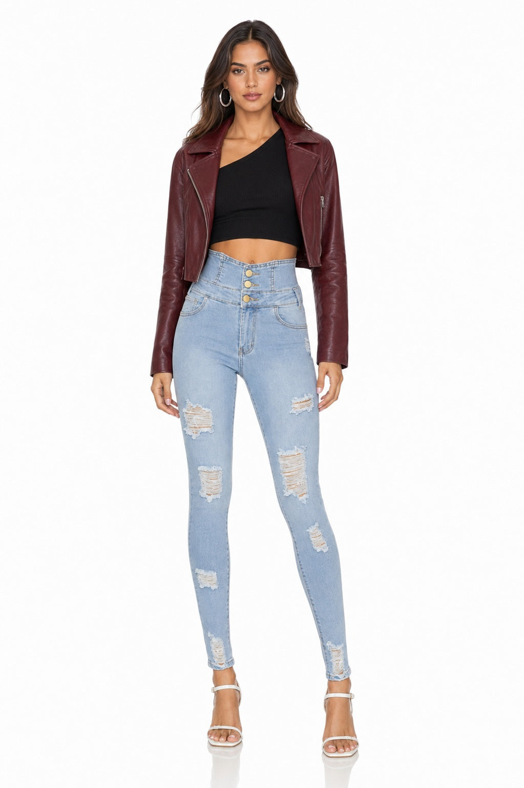 Sunzel Women's High Waisted Ripped Skinny Jeans Button Fly Stretch Denim Pants, Light Wash Distressed Slim Fit Ankle Jeans with Pockets