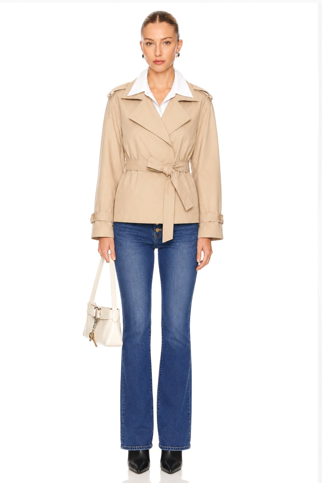 Sunzel Womens Beige Short Trench Coat Belted Lapel Button Front Fall Jacket with Pockets