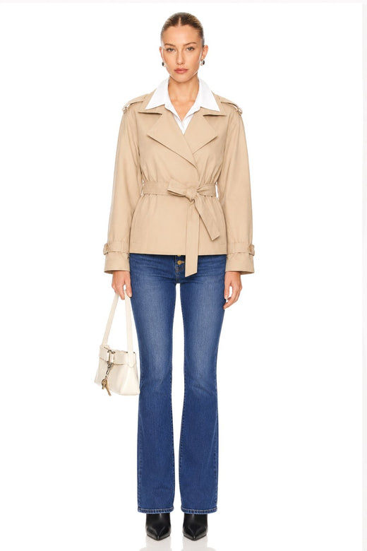 Sunzel Womens Beige Short Trench Coat Belted Lapel Button Front Fall Jacket with Pockets