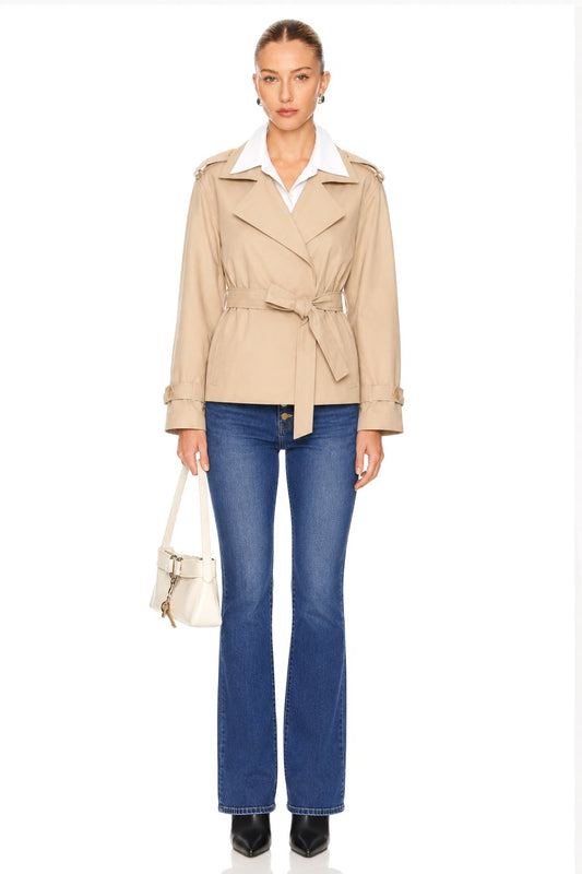 Sunzel Womens Beige Short Trench Coat Belted Lapel Button Front Fall Jacket with Pockets