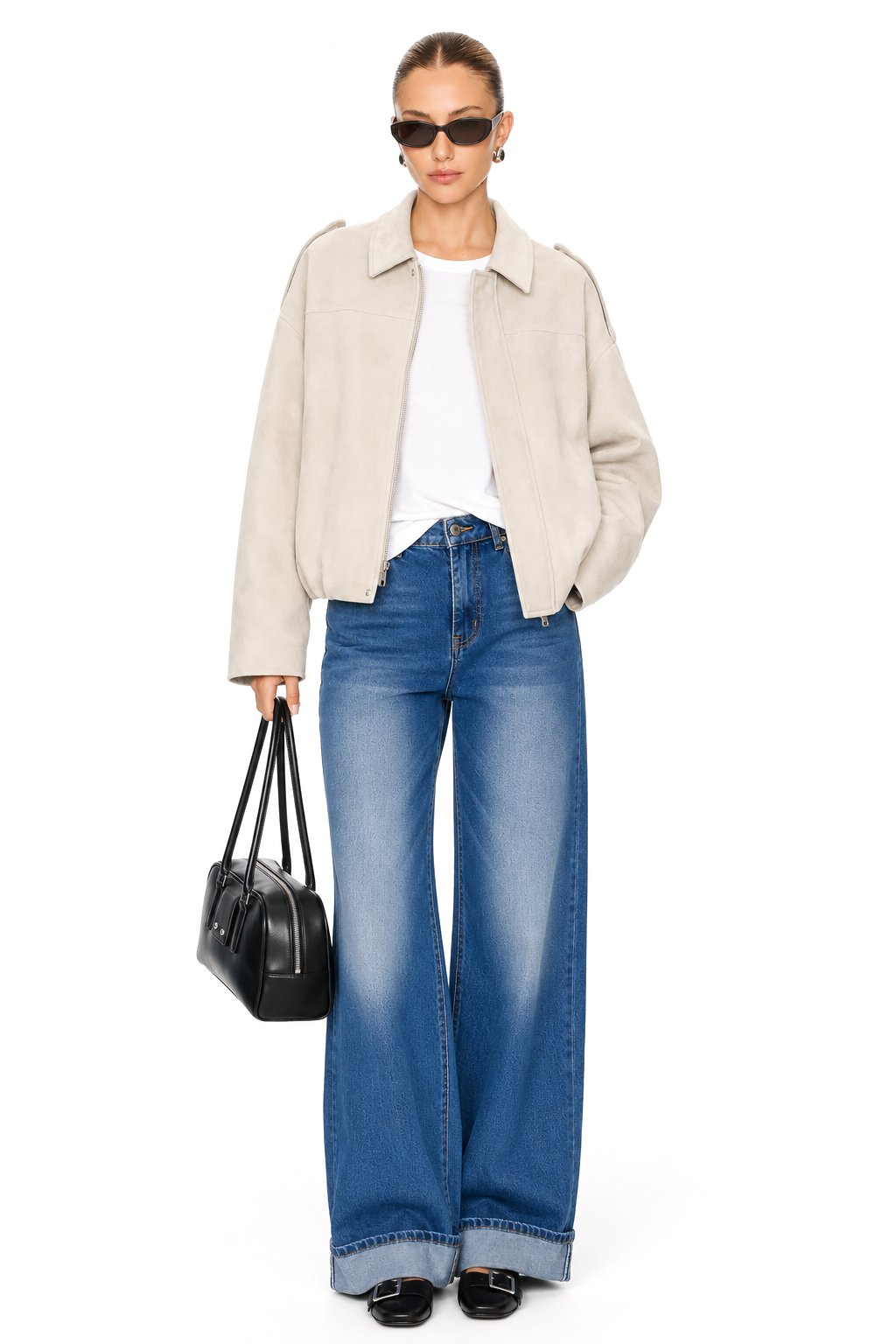 Sunzel Womens Rolled Cuff Wide Leg Jeans High Waisted Denim Pants Pocket Smoothing Casual Cropped Straight Jeans