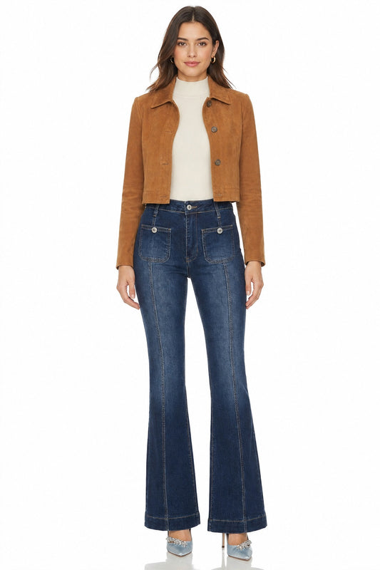Sunzel Womens Contrast Stitch Flare Jeans High Waisted Denim Pants, Dark Wash Bootcut Jeans with Front Patch Pockets