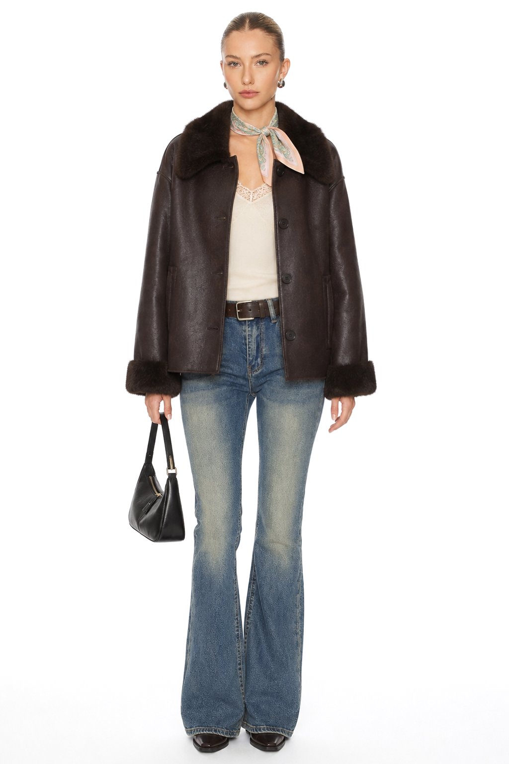 Sunzel Womens Faux Leather Jacket Faux Fur Collar Cuffs Dark Brown, Button Front Oversized Short Winter Coat with Pockets