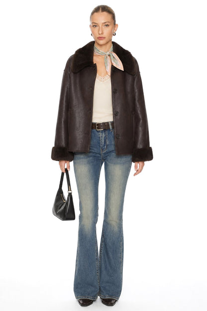 Sunzel Womens Faux Leather Jacket Faux Fur Collar Cuffs Dark Brown, Button Front Oversized Short Winter Coat with Pockets
