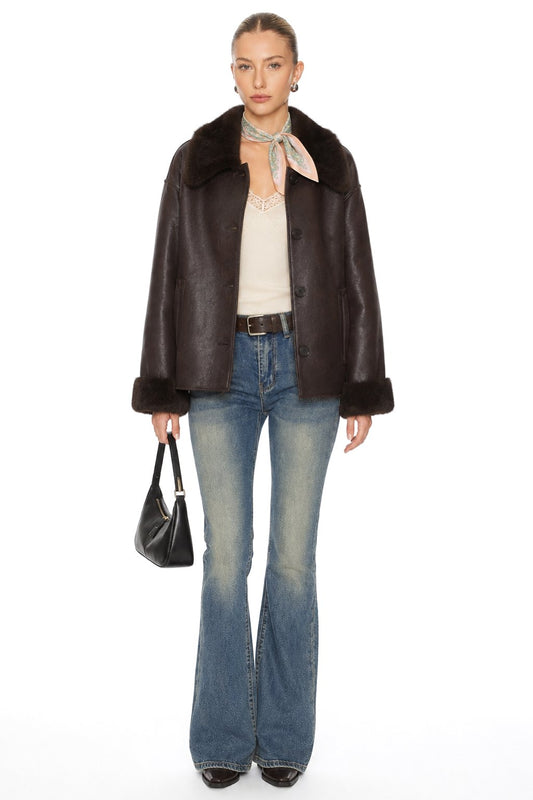 Sunzel Womens Faux Leather Jacket Faux Fur Collar Cuffs Dark Brown, Button Front Oversized Short Winter Coat with Pockets