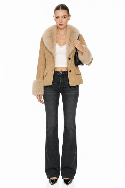 Sunzel Womens Faux Suede Jacket Faux Fur Collar Cuffs Short Coat, Button Front Warm Dressy Winter Outerwear with Flap Pockets