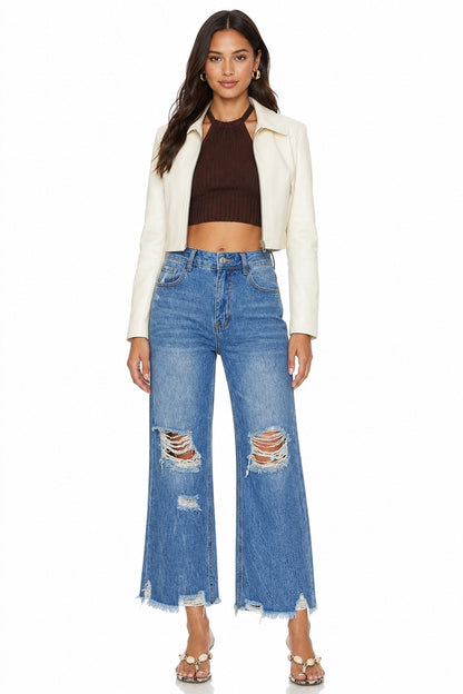 Sunzel Women's High Waisted Cropped Wide Leg Jeans Distressed Denim Pants, Frayed Hem Straight Leg Jeans with Pockets, Casual Vintage Jeans