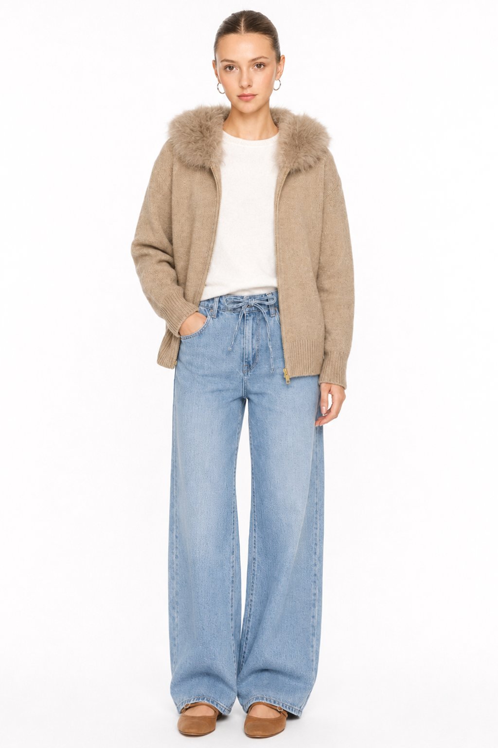 Sunzel Womens Drawstring Wide Leg Jeans High Waisted Elastic Waist Denim Pants with Pockets