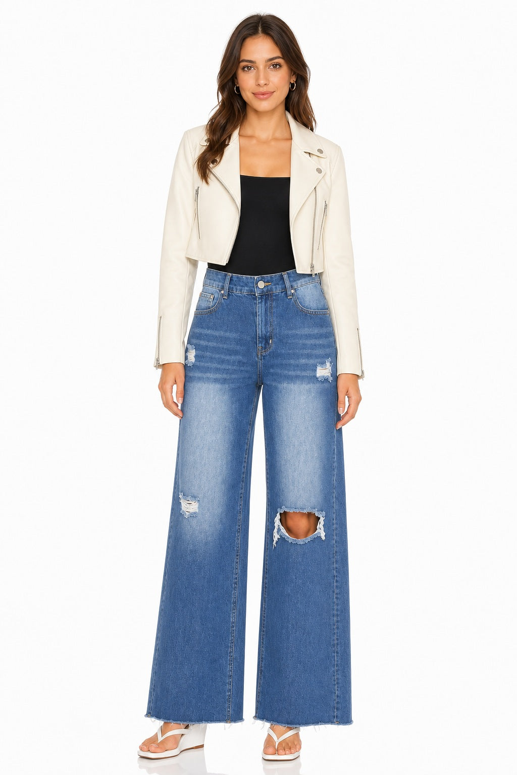 Sunzel Womens Ripped Wide Leg Jeans High Waisted Denim Pants Raw Hem Pocket Smoothing Loose Straight Casual Jeans