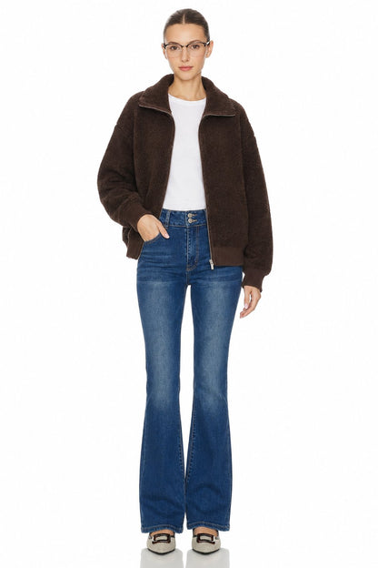 Sunzel Womens Fuzzy Fleece Bomber Jacket Zip Up Sherpa Collar Long Sleeve Warm Fall Winter Casual Outerwear