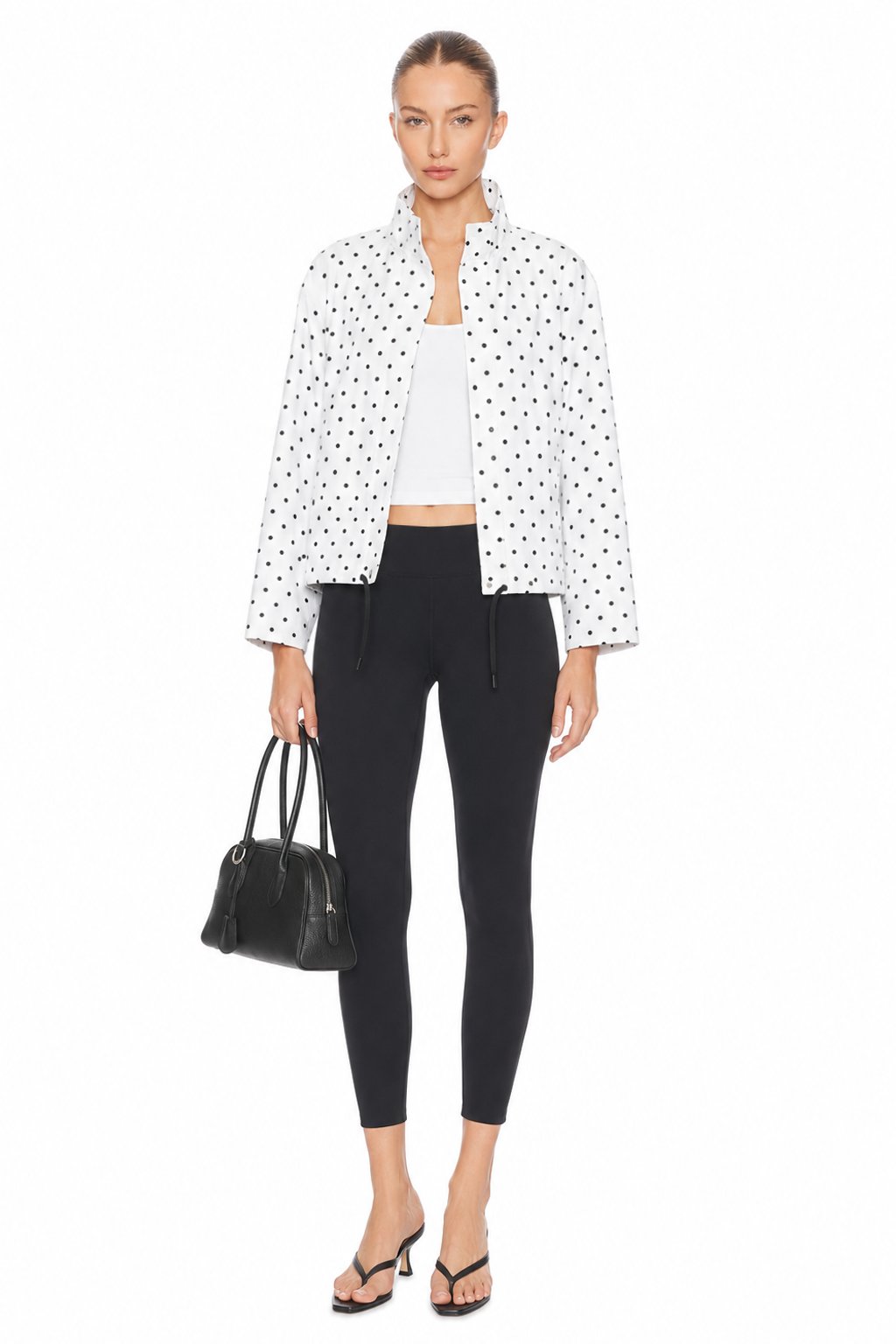 Sunzel Womens Polka Dot Jacket White Stand Collar Drawstring Hem, Lightweight Short Spring Fall Outerwear Long Sleeve Casual Coat