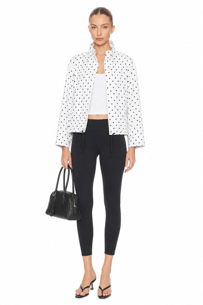 Sunzel Womens Polka Dot Jacket White Stand Collar Drawstring Hem, Lightweight Short Spring Fall Outerwear Long Sleeve Casual Coat