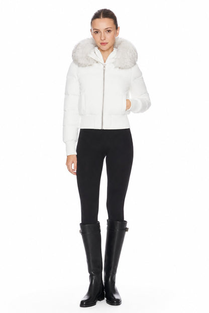 Sunzel Womens Cropped Puffer Jacket Faux Fur Hood Short Winter Coat, White Zip Up Warm Outerwear with Ribbed Cuffs and Pockets