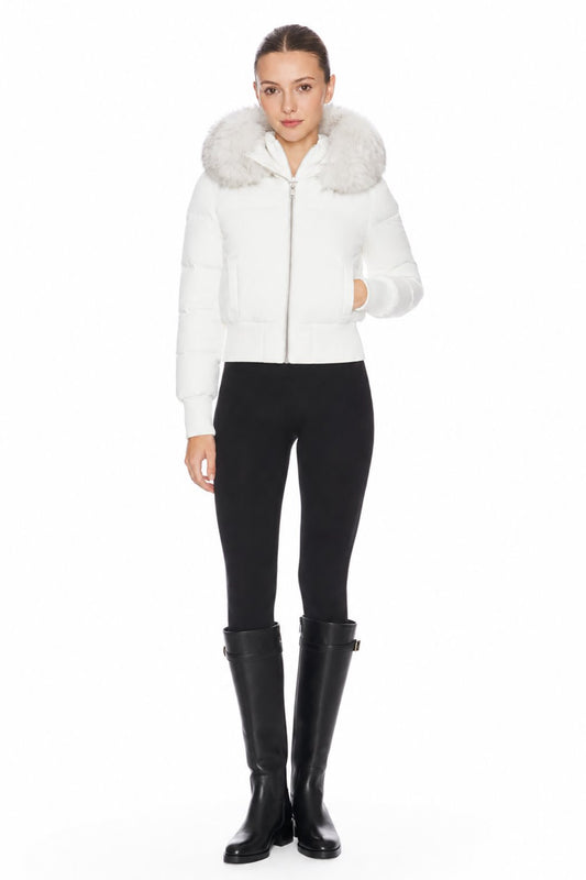 Sunzel Womens Cropped Puffer Jacket Faux Fur Hood Short Winter Coat, White Zip Up Warm Outerwear with Ribbed Cuffs and Pockets