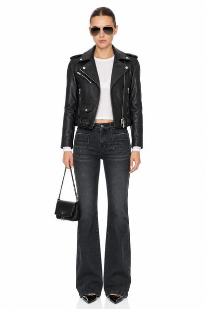 Sunzel Womens Faux Leather Moto Jacket Cropped Asymmetric Zip Biker Coat, Black Belted Biker Jacket with Silver Hardware Pockets