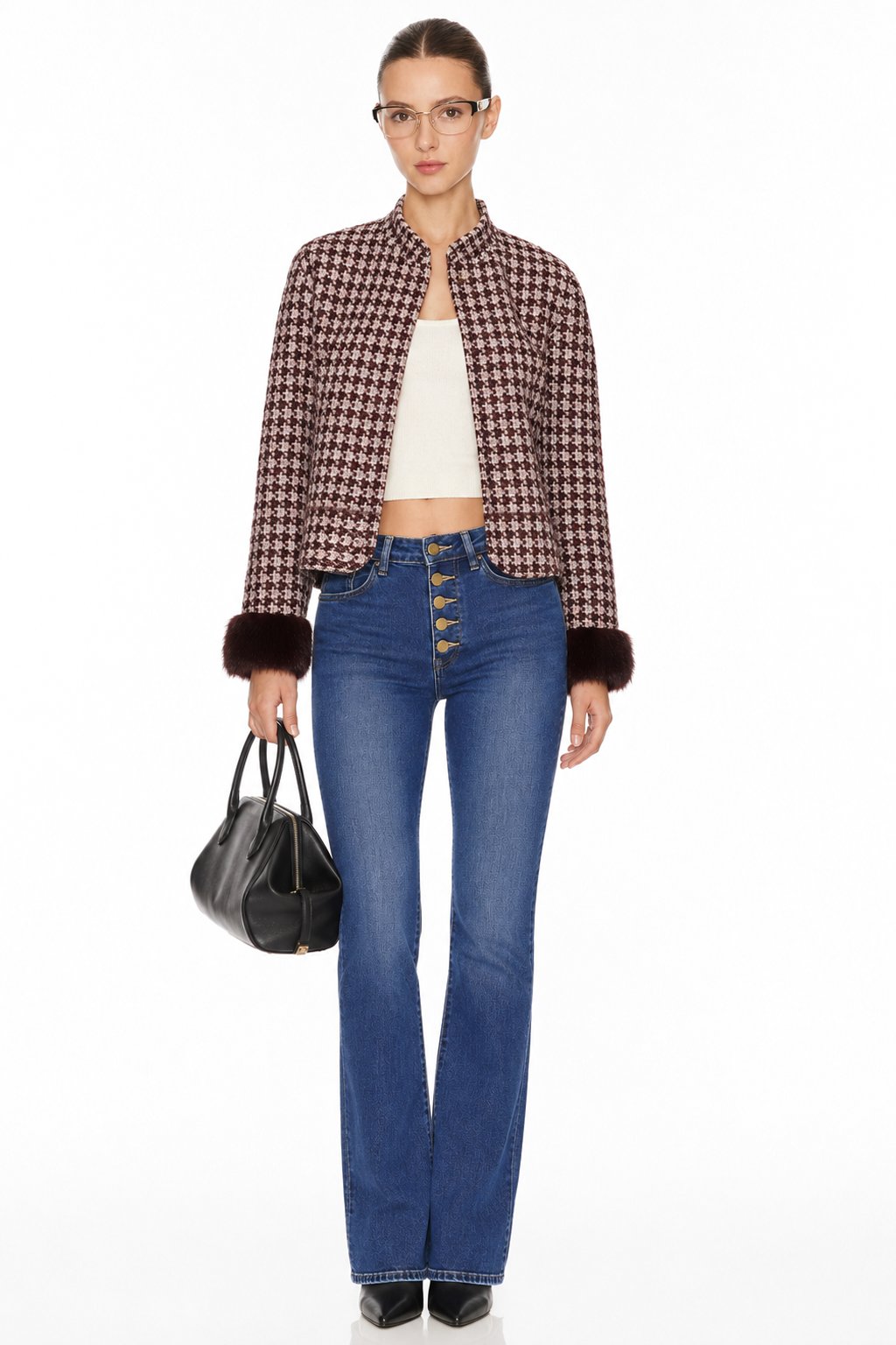 Sunzel Womens Tweed Coat Cropped Plaid Trench Style Short Winter Outerwear with Faux Fur Cuffs Dressy Casual Jacket