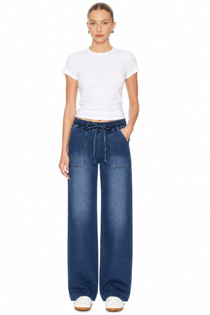 Sunzel Womens Drawstring Wide Leg Jeans Elastic Waist Denim Pants, High Waisted Pull On Baggy Casual Jean Pants with Pockets