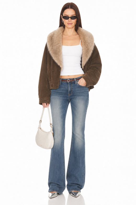 Sunzel Women's Faux Suede Bomber Jacket Faux Fur Collar Oversized Coat, Brown Winter Jacket with Pockets, Fall Fashion Outerwear