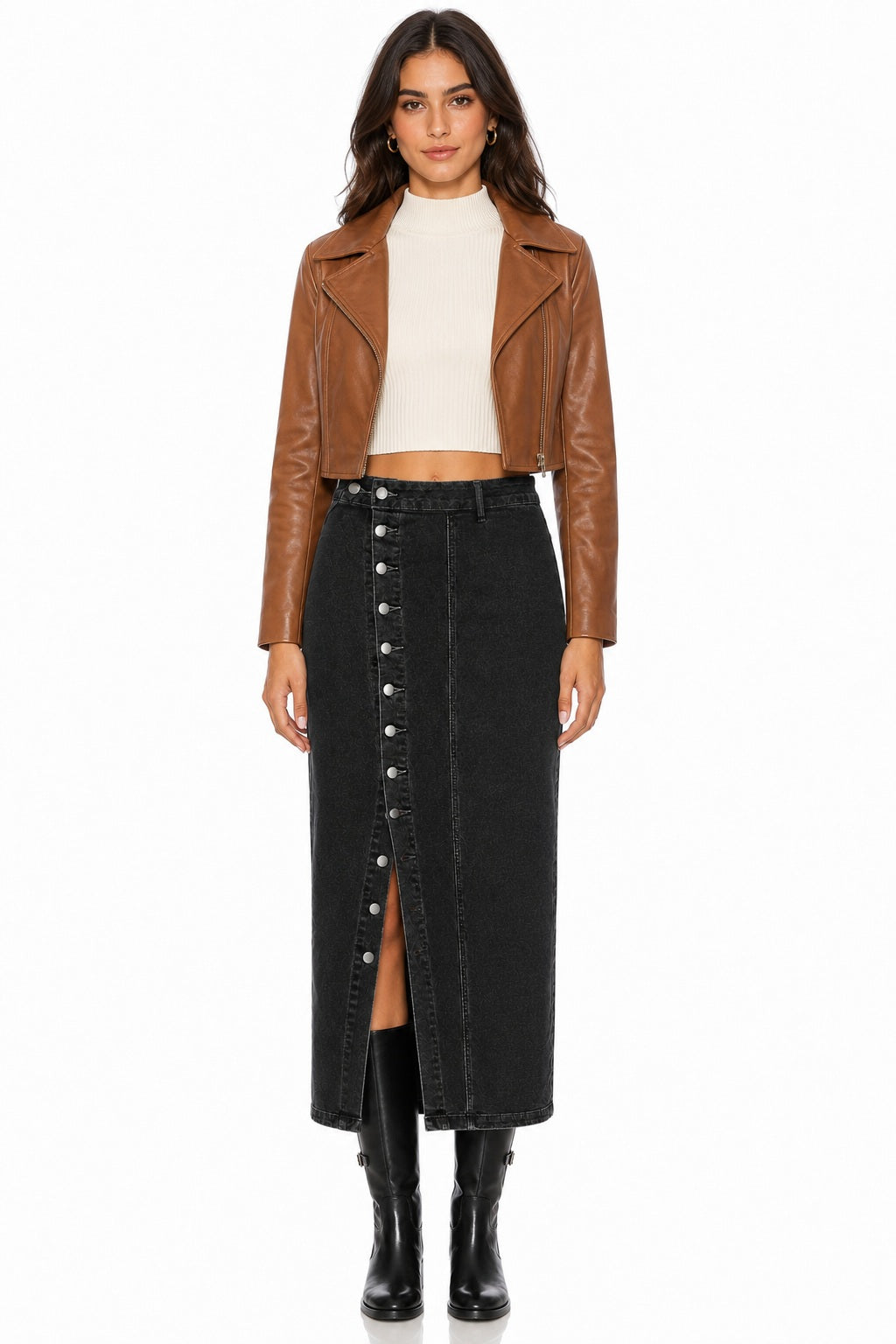 Sunzel Women's High Waisted Denim Maxi Skirt Button Front Side Slit Jean Skirt, Black Washed Fitted Long Denim Pencil Skirt for Fall Going Out