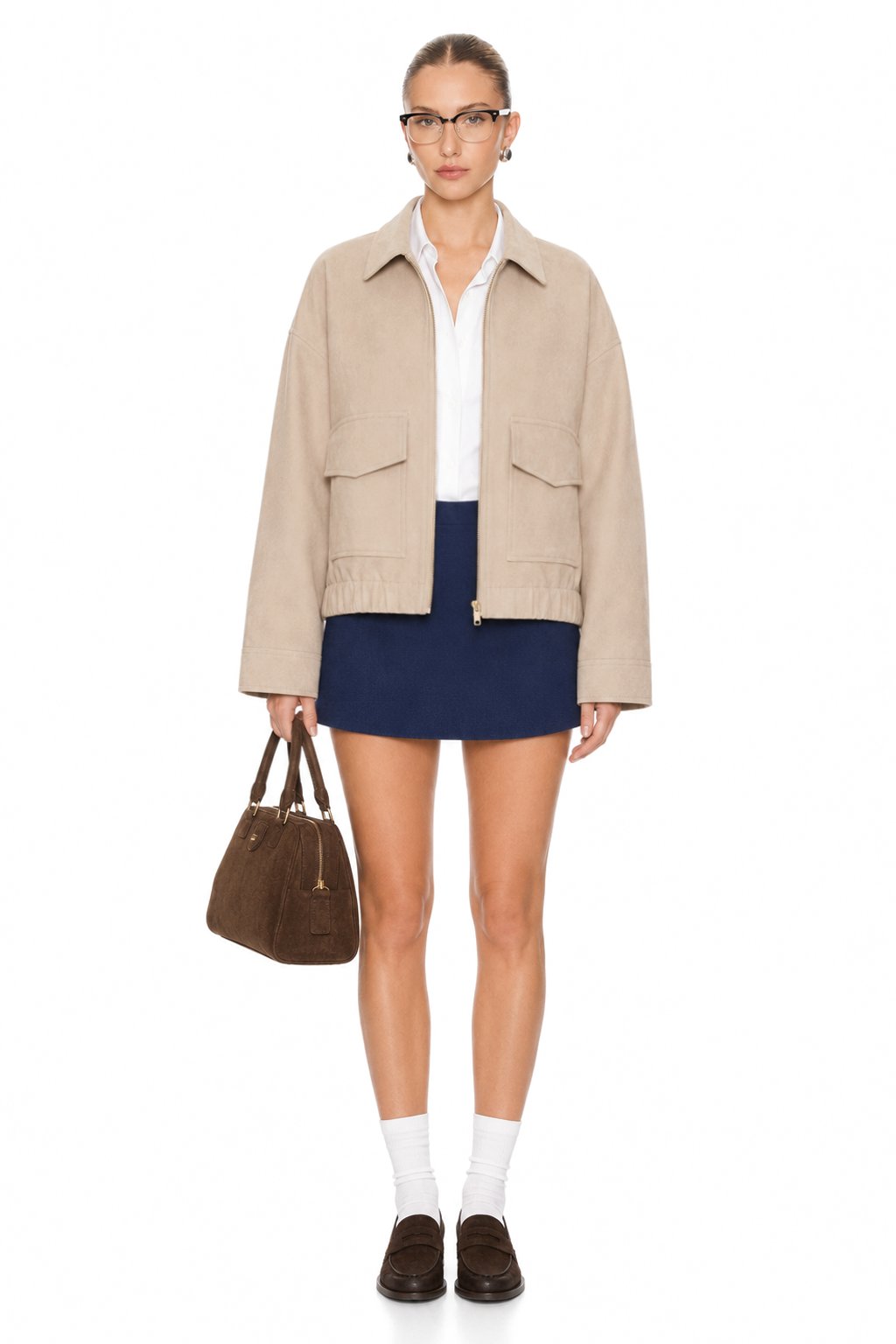 Sunzel Womens Cropped Bomber Jacket Zip Up Utility Jacket with Pockets, Collared Long Sleeve Lightweight Fall Outerwear, Beige Casual Short Jacket