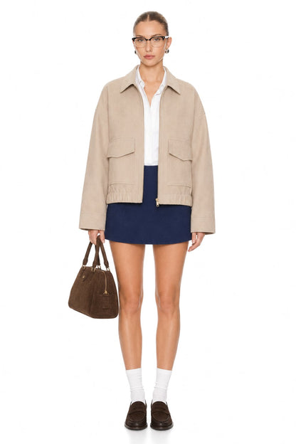 Sunzel Womens Cropped Bomber Jacket Zip Up Utility Jacket with Pockets, Collared Long Sleeve Lightweight Fall Outerwear, Beige Casual Short Jacket