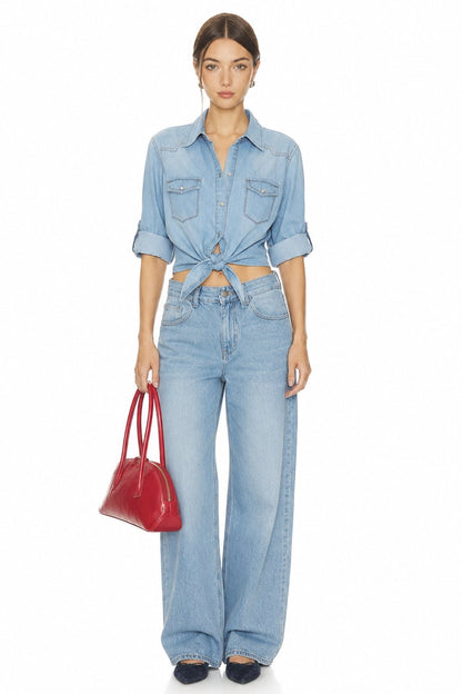Sunzel Womens Denim Shirt Tie Front Crop Top Snap Button Chambray Blouse Roll Up Sleeve with Chest Pockets