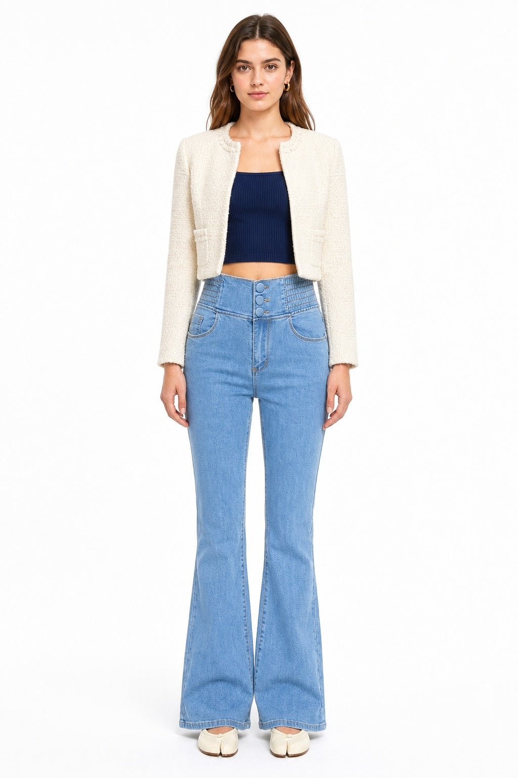 Sunzel Womens Elastic Waist Flare Jeans High Waisted Denim Pants Butt Lifting Pocket Smoothing Slim Stretch Jeans