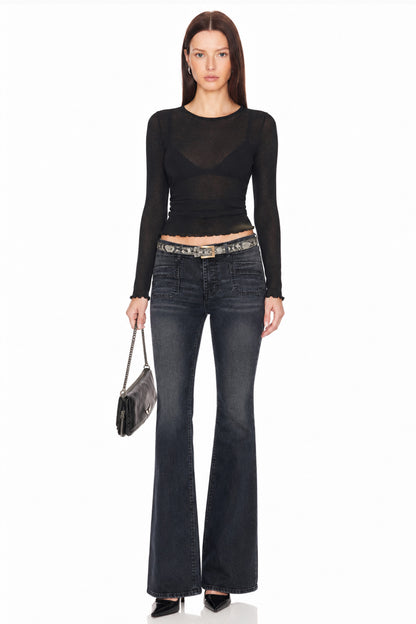 Sunzel Womens Flare Jeans Stretch Denim Pants, Black Washed Bootcut Jeans with Patch Pockets Slim Fit Casual Going Out Pants