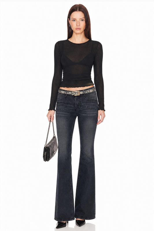 Sunzel Womens Flare Jeans Stretch Denim Pants, Black Washed Bootcut Jeans with Patch Pockets Slim Fit Casual Going Out Pants