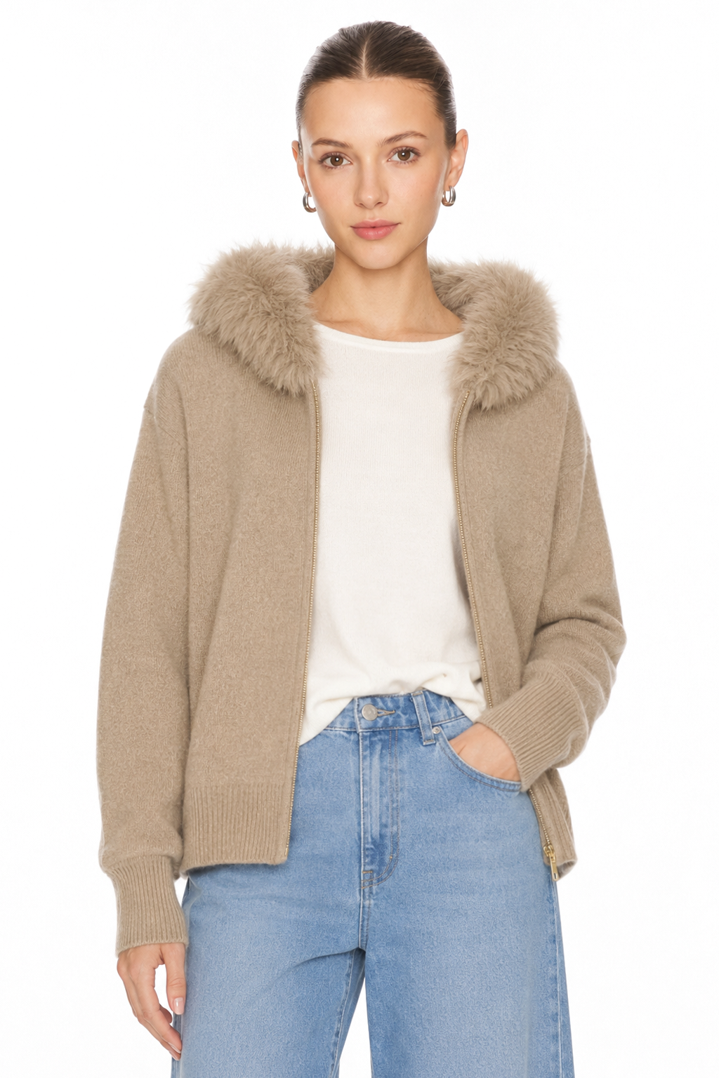 Sunzel WARM STYLISH KNIT COAT FOR WOMEN Faux Fur Collar Long Sleeve Zipper Cardigan Breathable Like Cotton Wrinkle-Resistant Perfect for Fall Winter Layering
