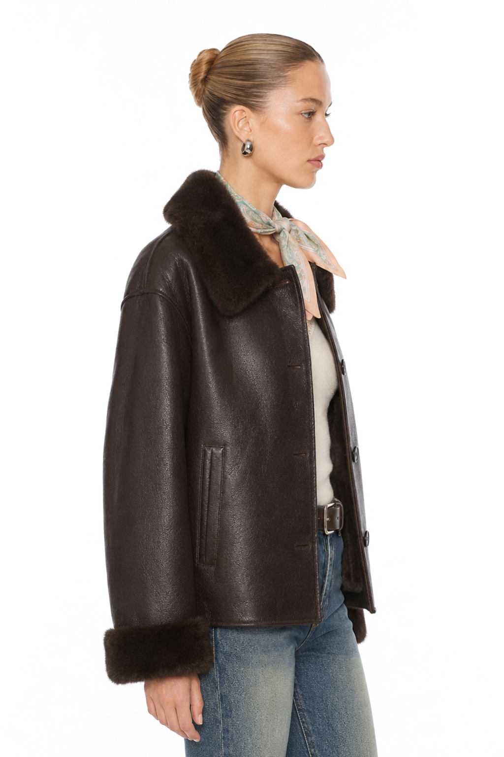 Sunzel Womens Faux Leather Jacket Faux Fur Collar Cuffs Dark Brown, Button Front Oversized Short Winter Coat with Pockets