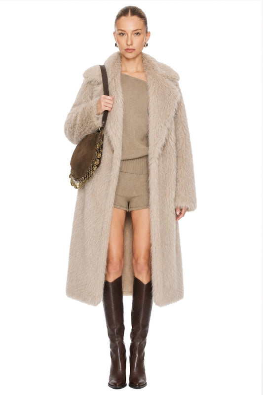 Sunzel Women Reversible Faux Shearling Coat Faux Fur Collar Long Winter Overcoat with Pockets Taupe