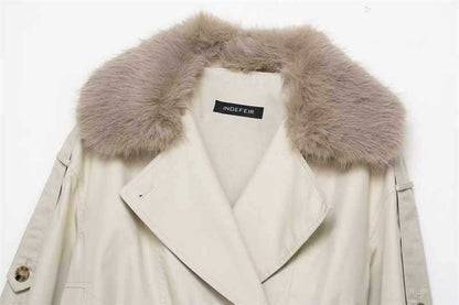Sunzel Womens Short Trench Coat, Beige Stand Collar Belted Fall Outerwear, Button Front Long Sleeve Dress Coat No Pockets