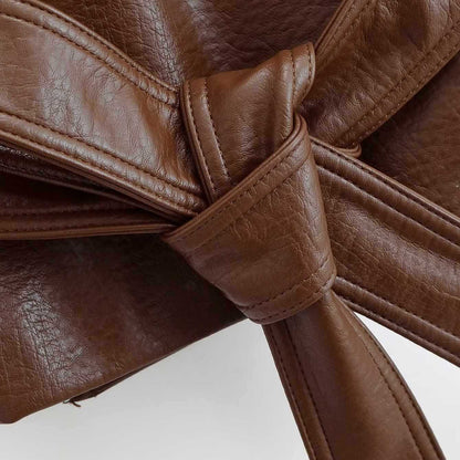 Sunzel Faux Leather Jacket Women Cropped Brown Bomber Trench Coat Belted Oversized Fall Winter Moto Outerwear with Pockets