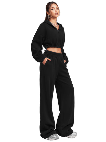 Sunzel Women's Two Piece Sweat Set Cropped Zip-Up Hoodie and Wide-Leg Pants