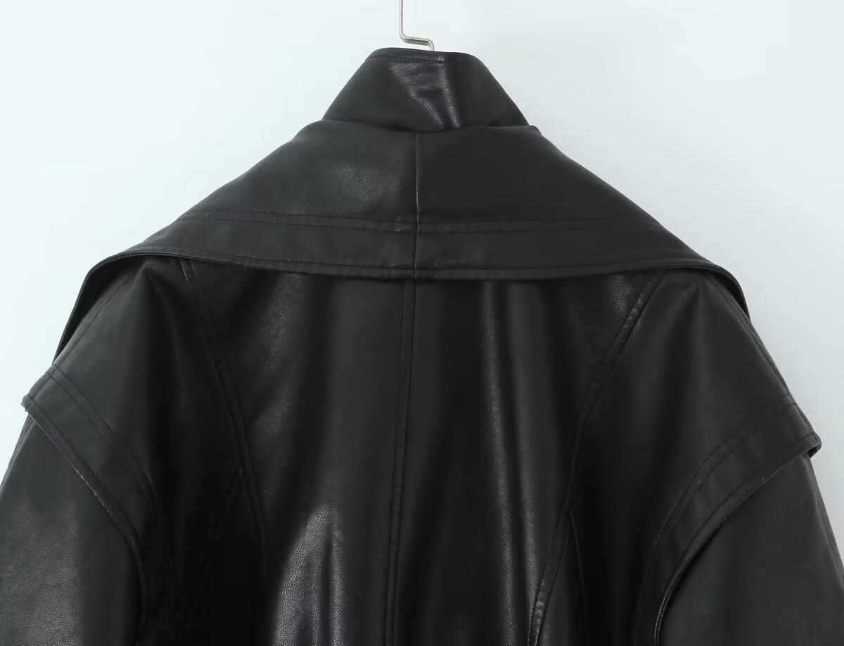 Sunzel Faux Moto Jacket for Women Cropped Zip Up Coat with Belted Waist, Oversized Lapel, Pockets, Smoothing Fall Streetwear