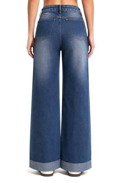 Sunzel Women’s High Waisted Cuffed Hem Jeans, Wide Leg Straight Denim Pants