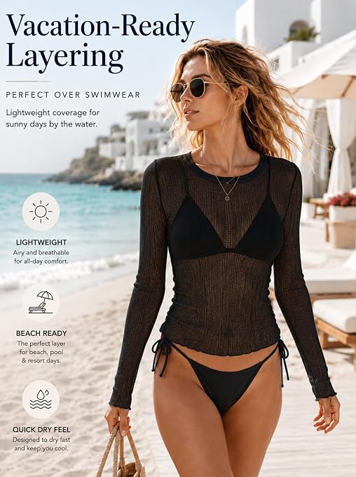 Sunzel Women's Sheer Long Sleeve Fitted Mesh Layering Top for Bralette | Lightweight Cotton-Blend Knit, Soft Stretch, Semi-Sheer Coverage, Lettuce Cuffs, Regular Length For Beach and Casual Wear