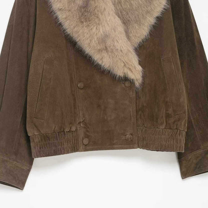 Sunzel Women's Faux Suede Bomber Jacket with Faux Fur Collar, Oversized Long Sleeve Colorblock Coat Fall Winter Outerwear
