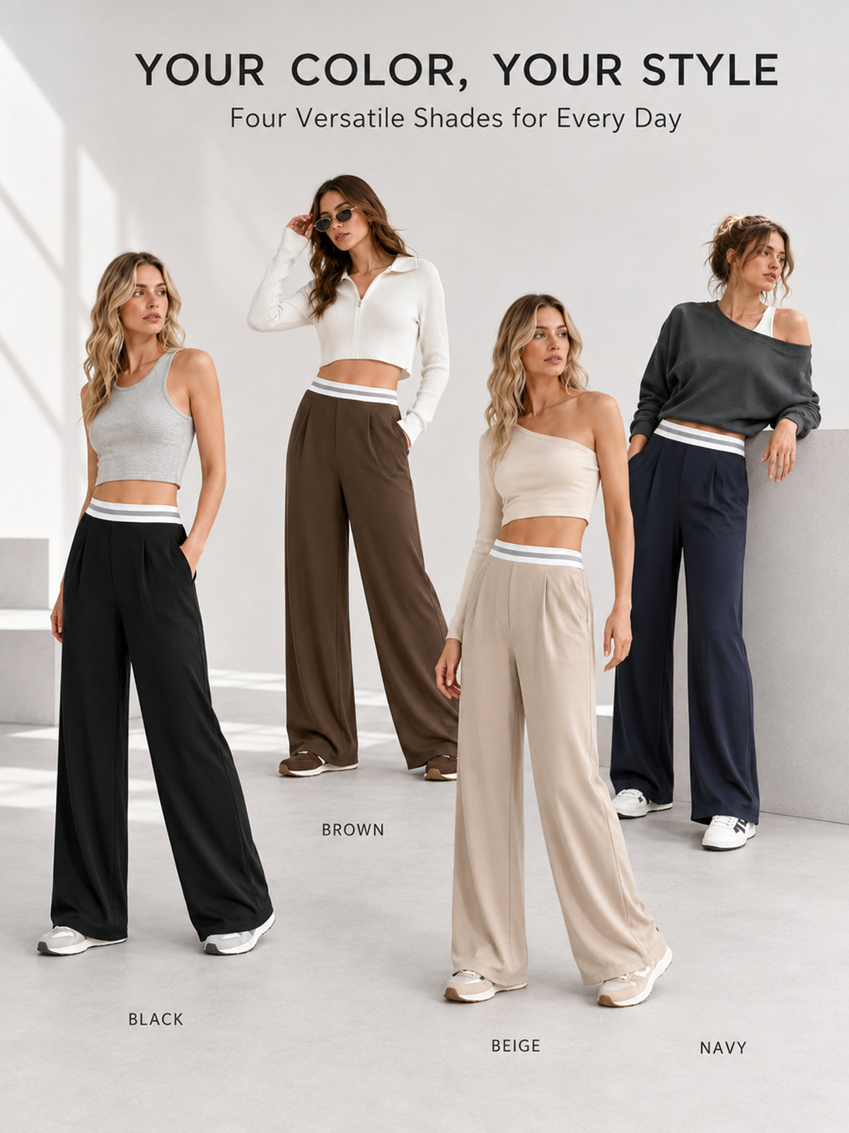 Sunzel Women's Pleated Wide Leg Pants with Pockets Casual Stretch Trousers