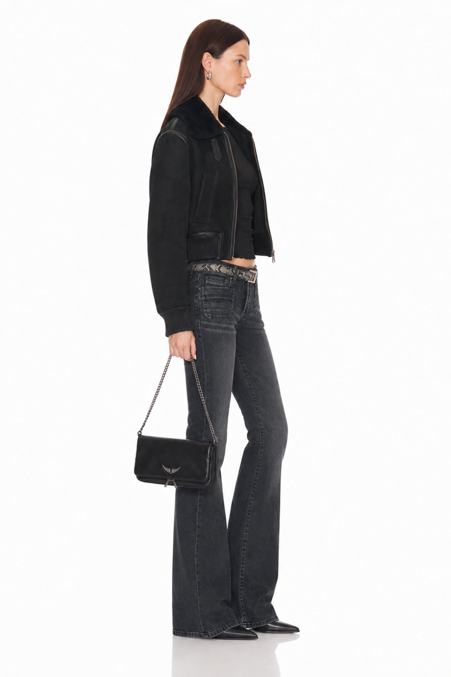 Sunzel Womens Cropped Bomber Jacket Faux Fur Collar Zip Up Winter Coat, Black Short Outerwear with Faux Leather Trim and Pockets