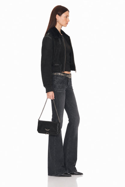 Sunzel Womens Cropped Bomber Jacket Faux Fur Collar Zip Up Winter Coat, Black Short Outerwear with Faux Leather Trim and Pockets