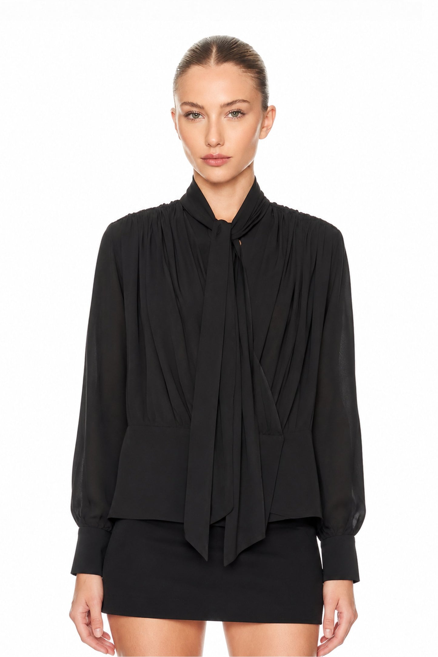 Sunzel Womens Tie Neck Pleated Blouse Long Sleeve Sheer Chiffon Dressy Office Top Loose Elegant Shirt